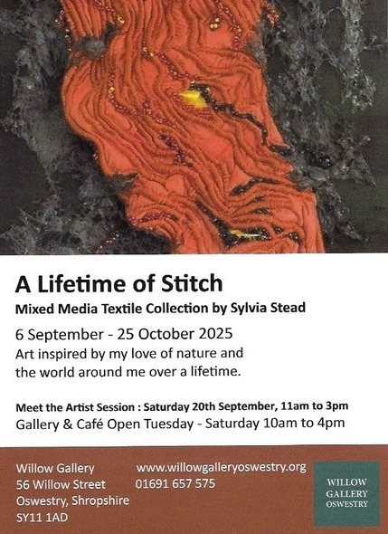 Photograph of a piece of orange embroidered and beaded cloth on a dark background illustrating a poster advertising Sylvia's exhibition.